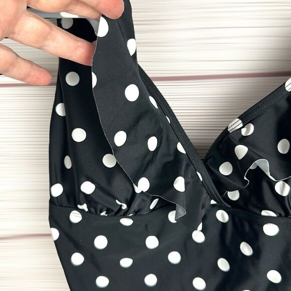 NWT Tahari Polka Dot Ruffle Surplice One-piece Swimsuit Black White Women's L - Picture 4 of 12